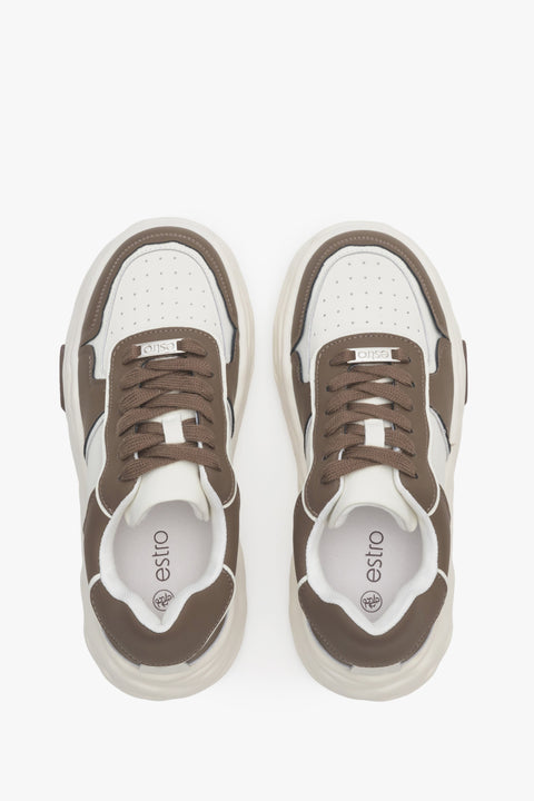Women's leather sneakers in brown and white by Estro - top view presentation.