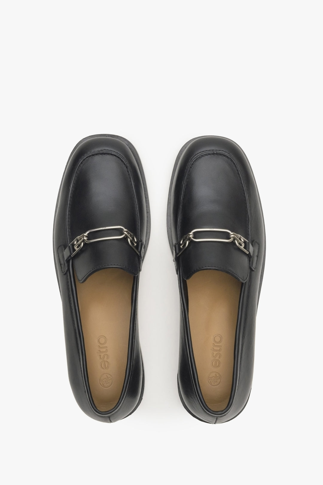 Women's black leather penny loafers - presentation from above.