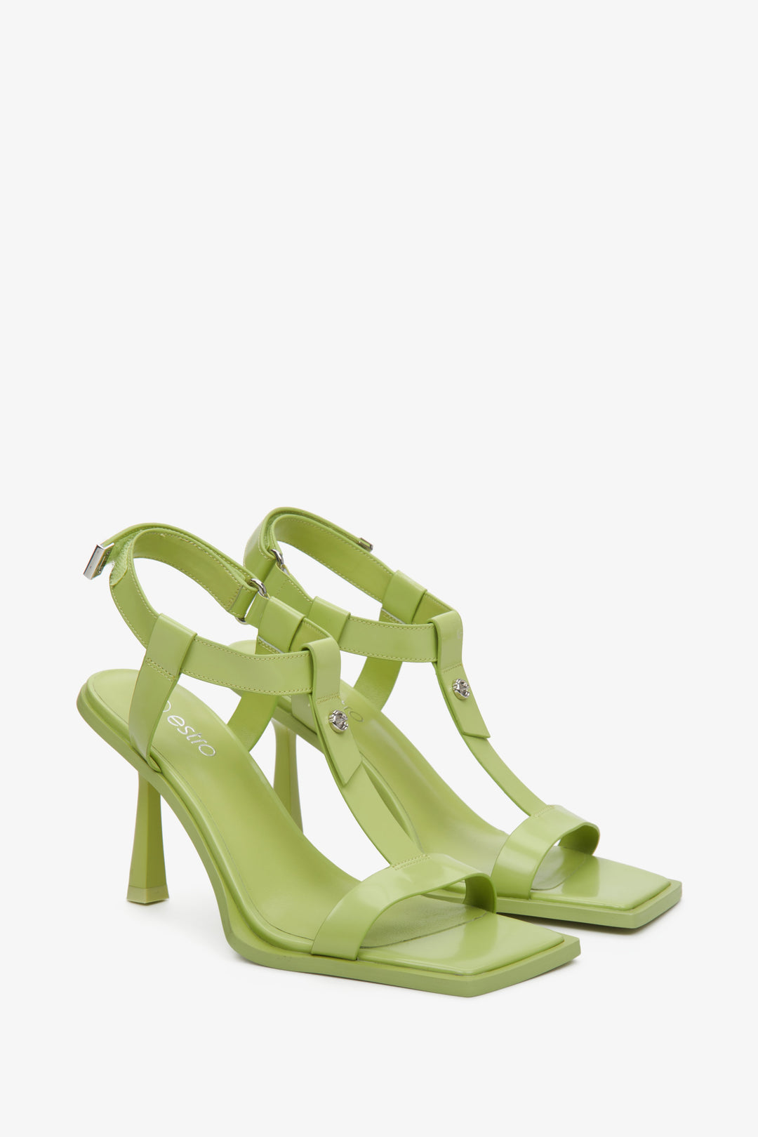 T-Bar light green strappy sandals on a high heel Estro - a close-up on shoe profile.