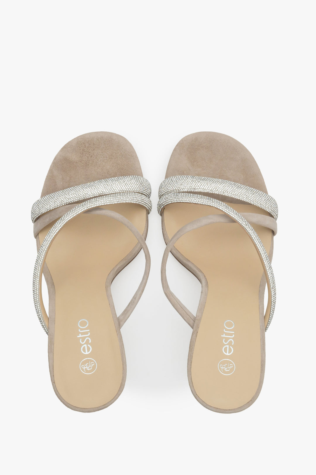 Beige heeled sandals made of velour with zirconia - presentation from top.