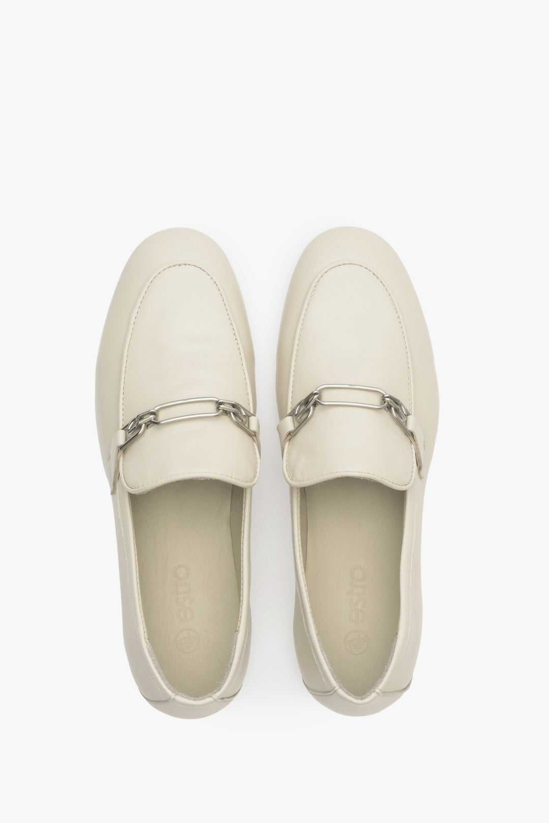 Women's light beige leather penny loafers Estro - presentation from above.