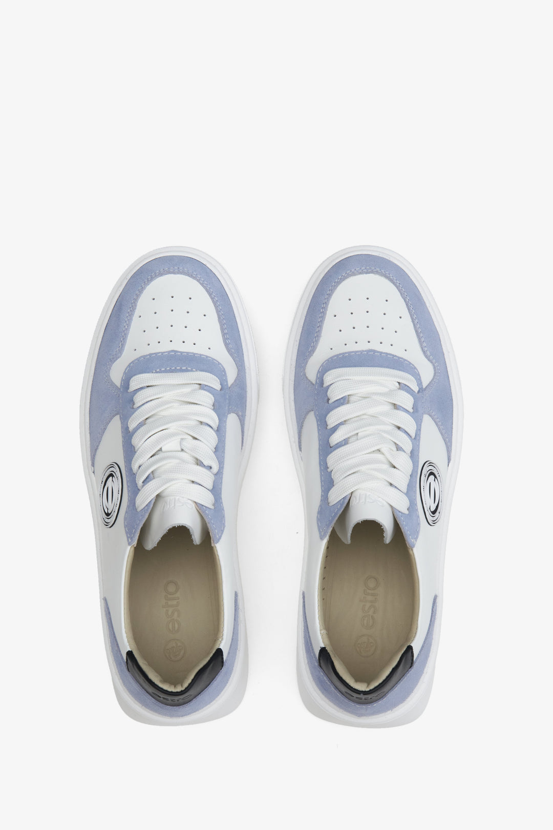 Blue and white leather and natural velvet women's sneakers - presentation of the footwear from above.