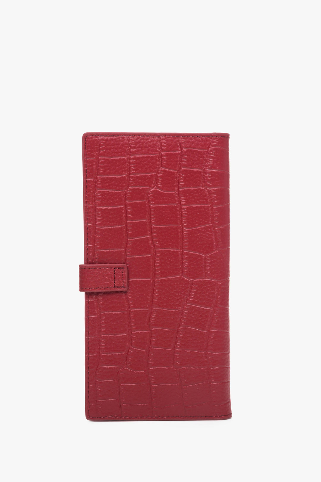 The back of a large red women's wallet made of embossed genuine leather with silver details by Estro.