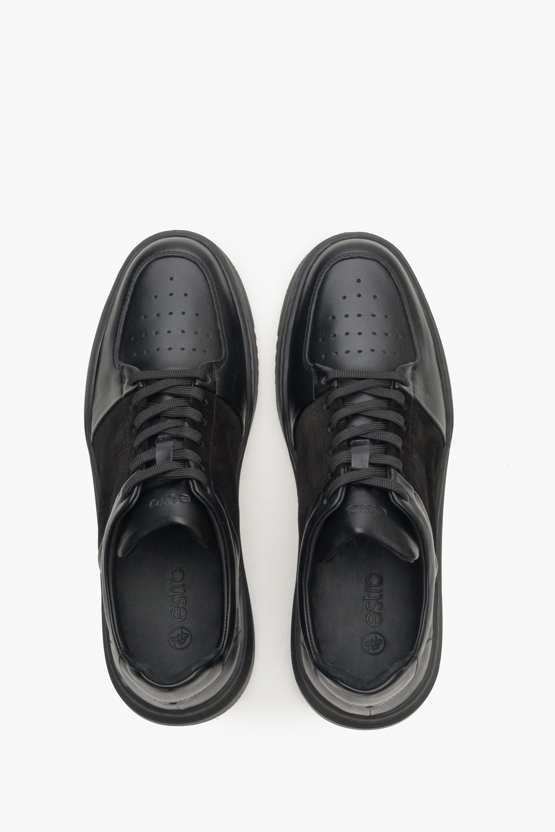 Men's black sneakers in leather and velvet by Estro - top view presentation of the model.