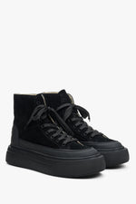 Women's black high-top sneakers, leather and velour - perfect for fall.