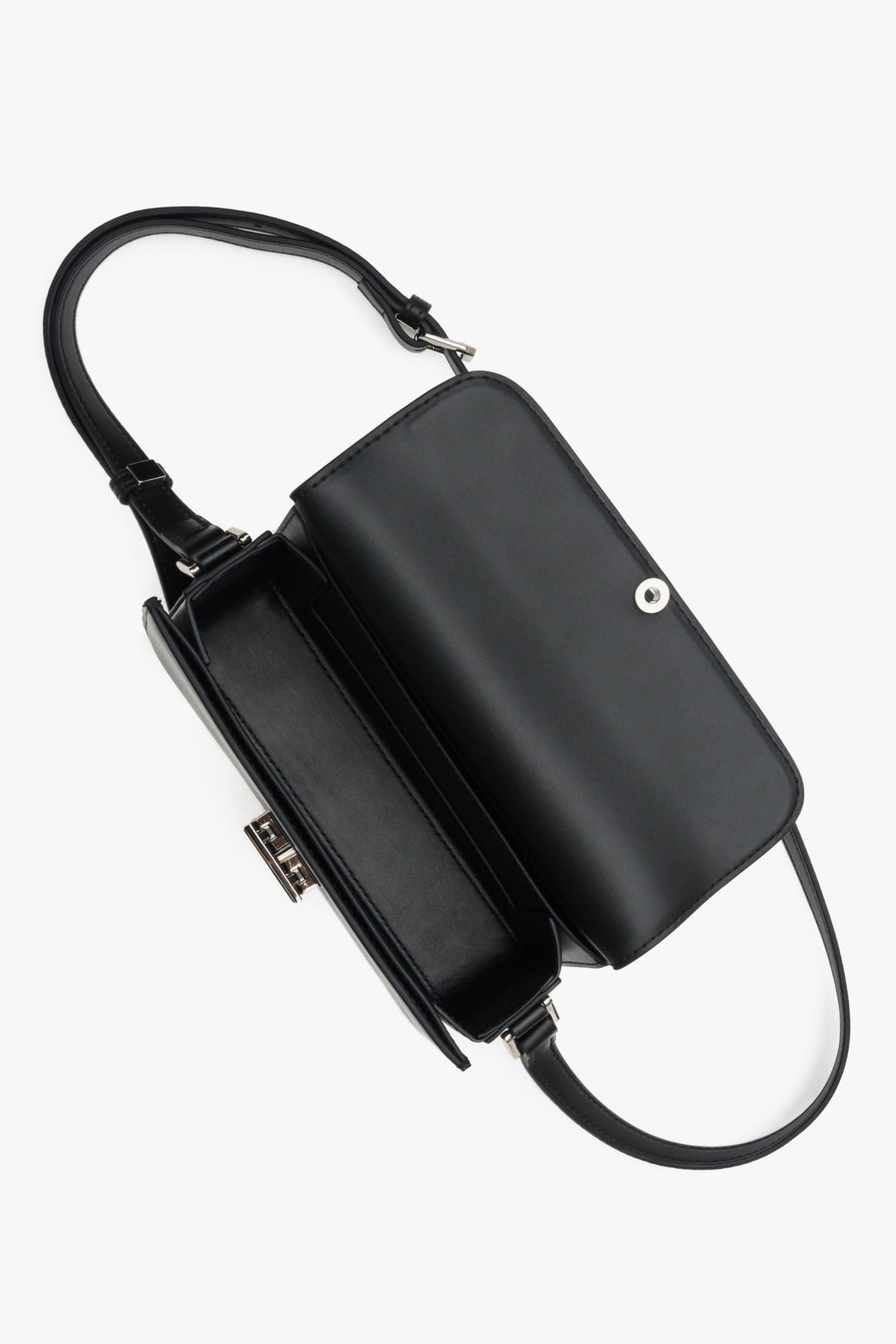 Women's small black leather handbag Estro - interior of the model.