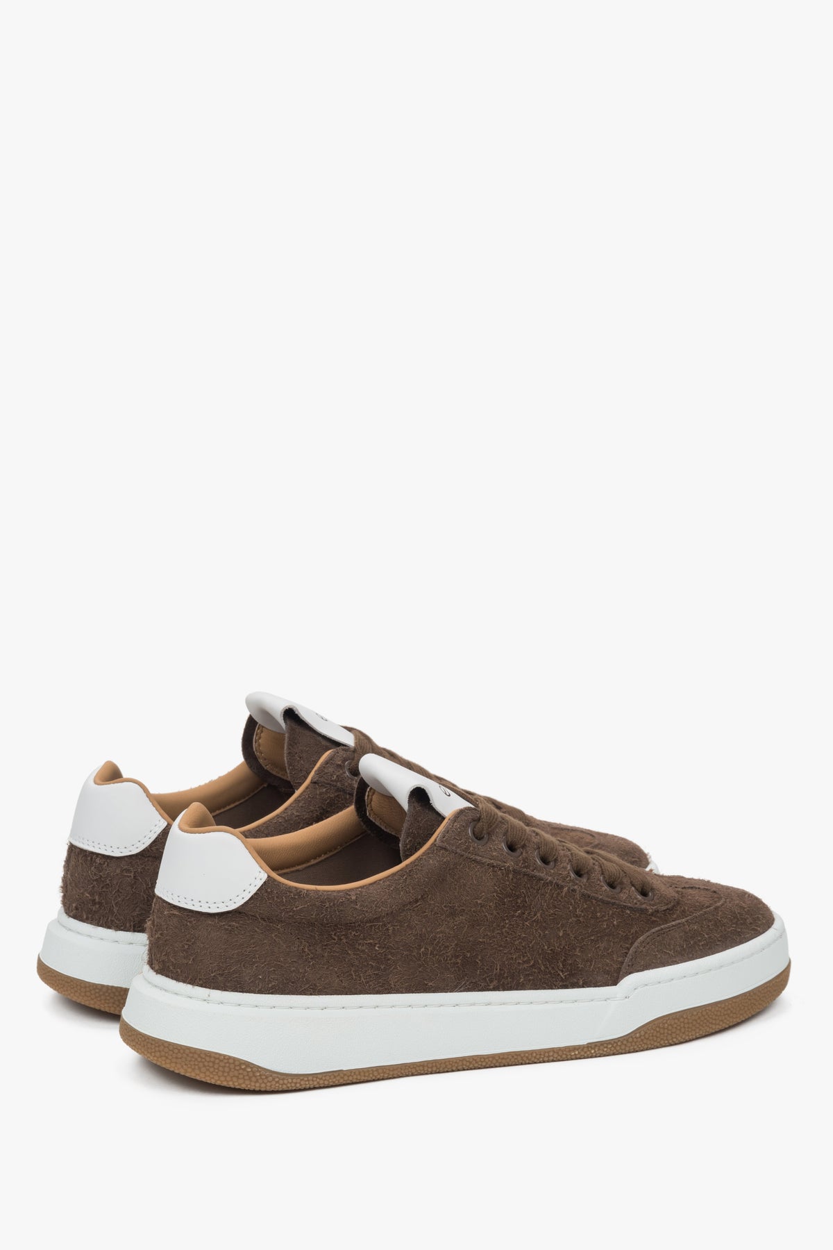 Brown women's sneakers made of genuine velour with a cushioned sole - rear view of the shoe.
