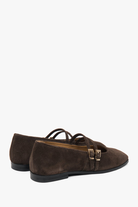 Stylish dark brown women's ballet flats by Estro with a buckle, made of premium Italian genuine velour.
