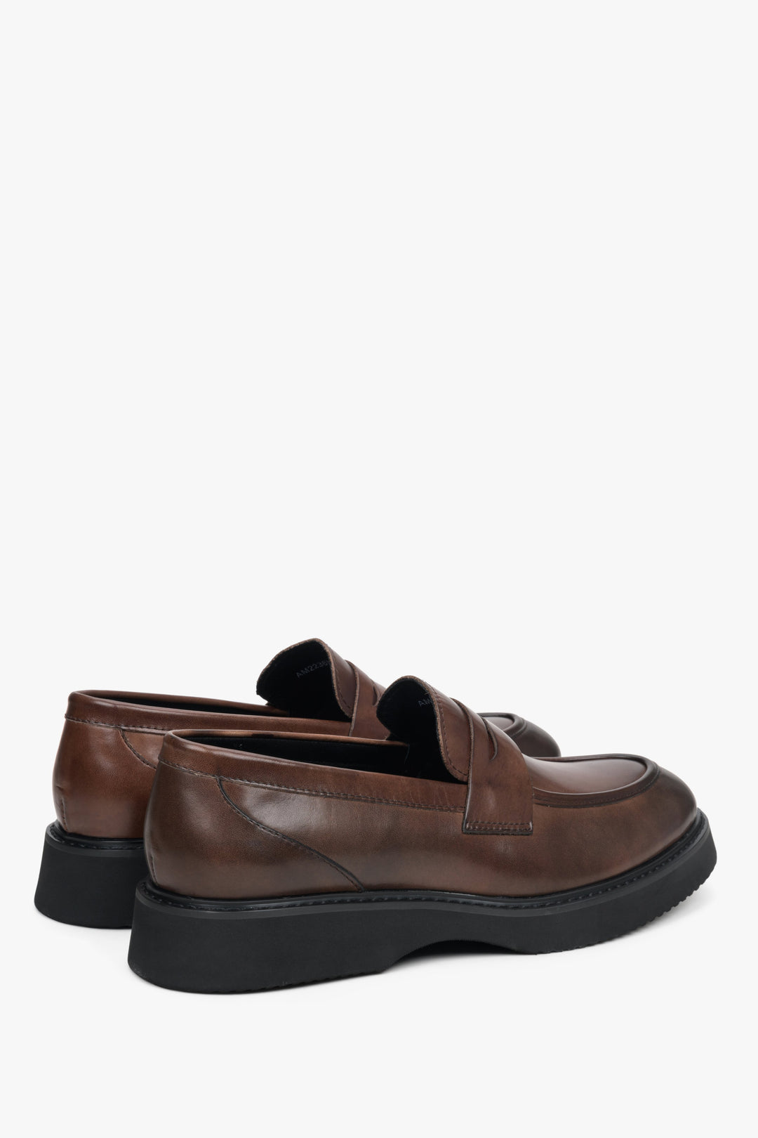 Men's dark brown leather Estro loafers - close-up on the heel and side line of the shoe.