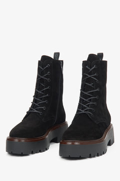 Women's black velour ankle boots by Estro - close-up of the front of the model.