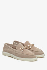 Women's Beige Velour Loafers with Gold Buckle Estro ER00113260