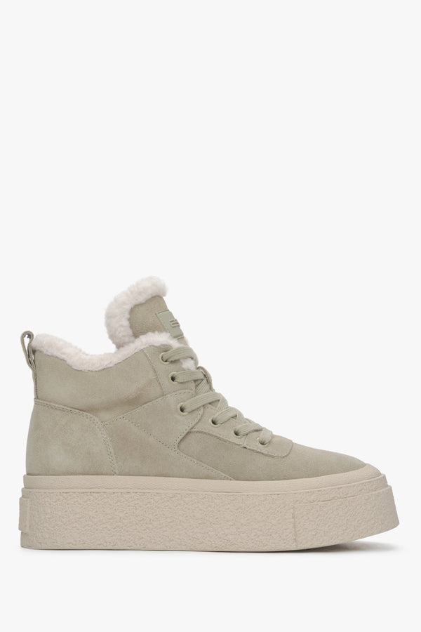 Women's Khaki Wool-Lined High-Top Sneakers with Velour for Winter.