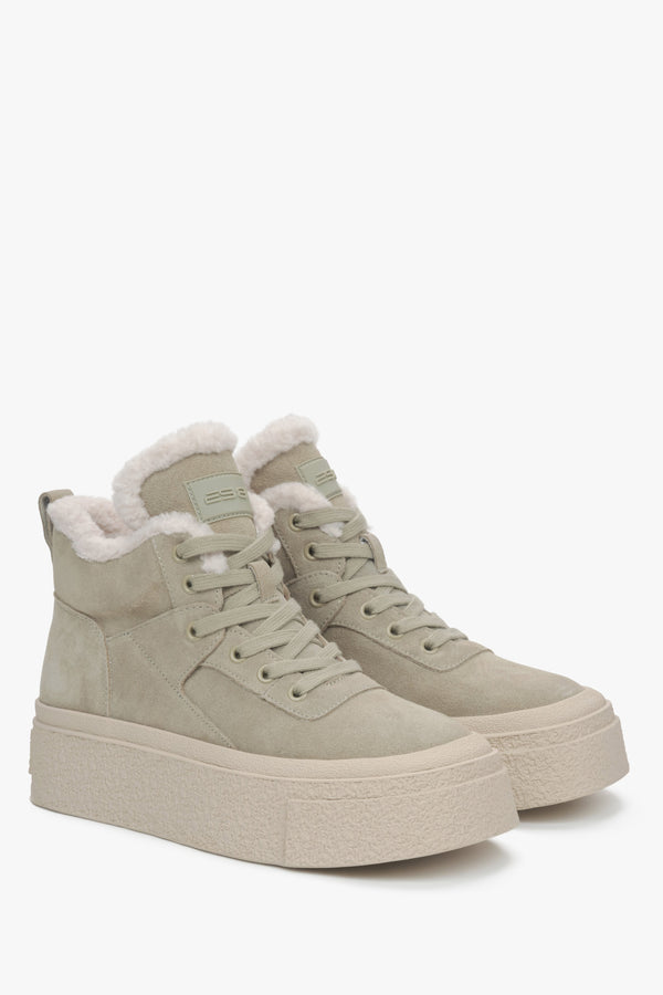 Khaki Women's Wool-Lined High-Top Sneakers with Velour for Winter.