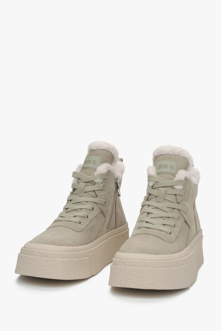 Women's Khaki High-Top Sneakers with Velour and Wool Lining for Winter - toeline.