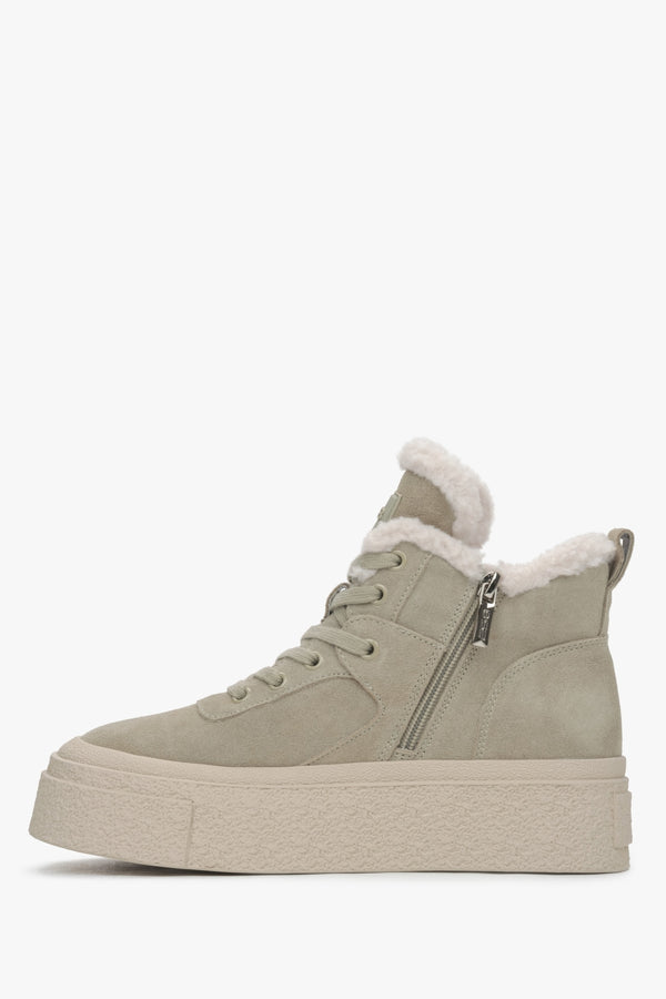 Khaki High-Top Sneakers for Women, Wool-Lined with Velour for Winter - shoe sideline.