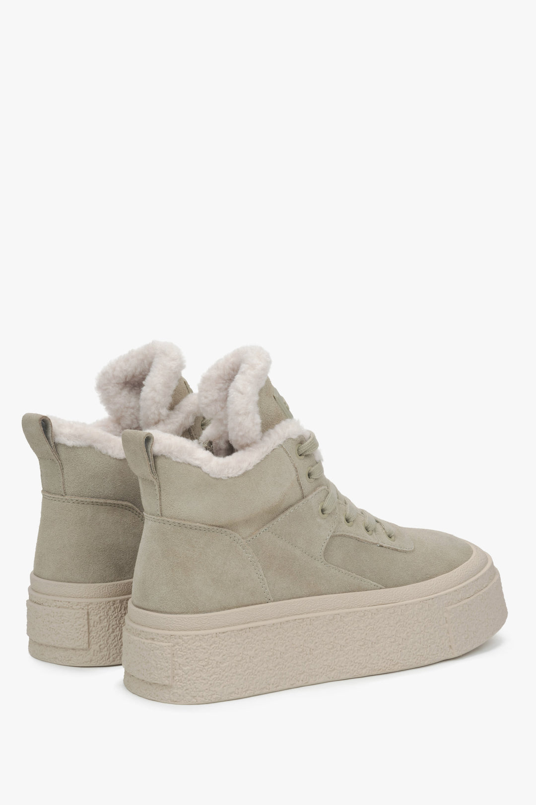 Women's High-Top Khaki Sneakers with Wool Lining and Velour for Winter - a close-up on shoe's heel line.