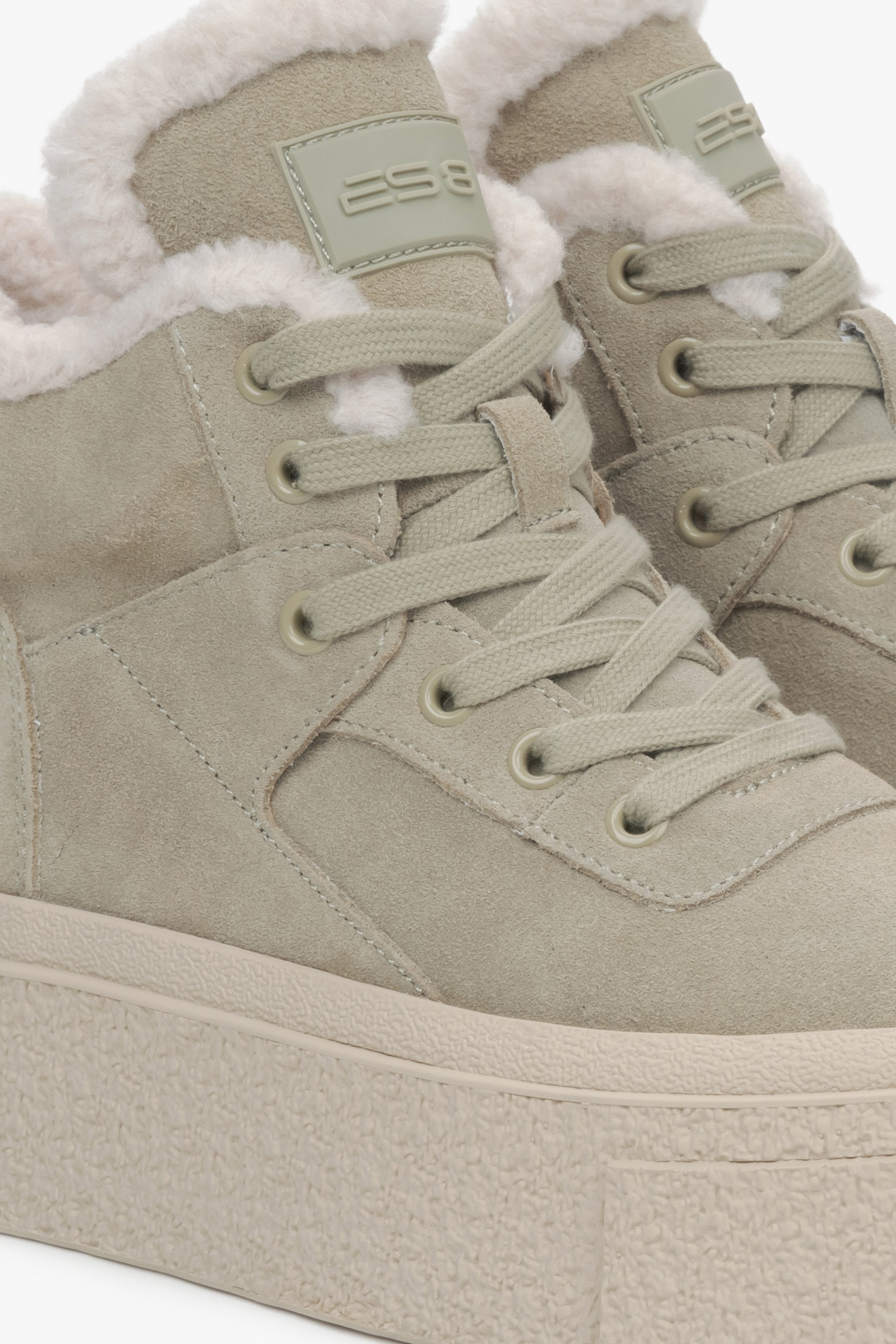 Khaki High-Top Sneakers with Velour and Wool Lining for Winter - a close-up pn decorative lacing.