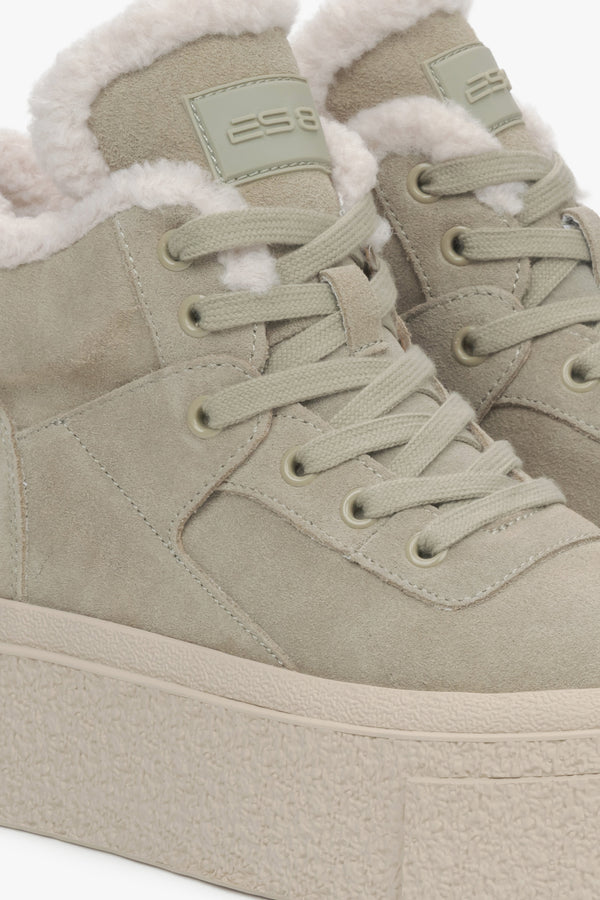 Khaki High-Top Sneakers with Velour and Wool Lining for Winter - a close-up pn decorative lacing.