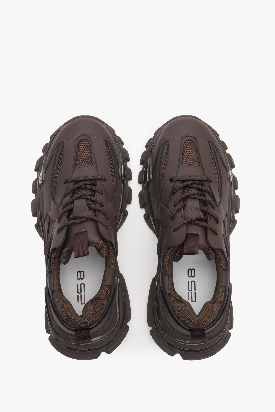 Women's dark brown sneakers ES 8 with lacing for spring and autumn - top view presentation of the footwear.