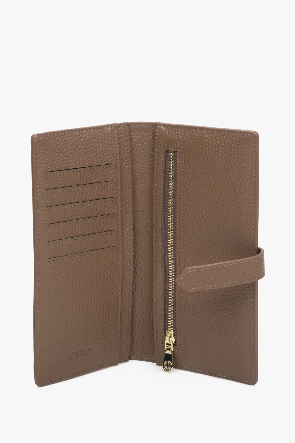 Large, brown leather women's wallet by Estro - interior model.