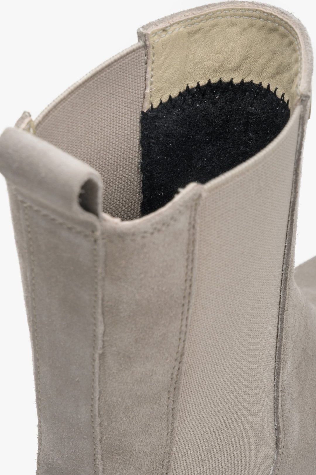 Grey women's ankle boots made from natural velour by Estro - close-up of the shoe's instep.