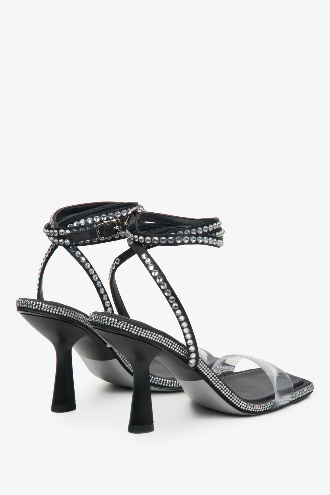 Women's black leather heeled sandals Estro - a close-up on heels.