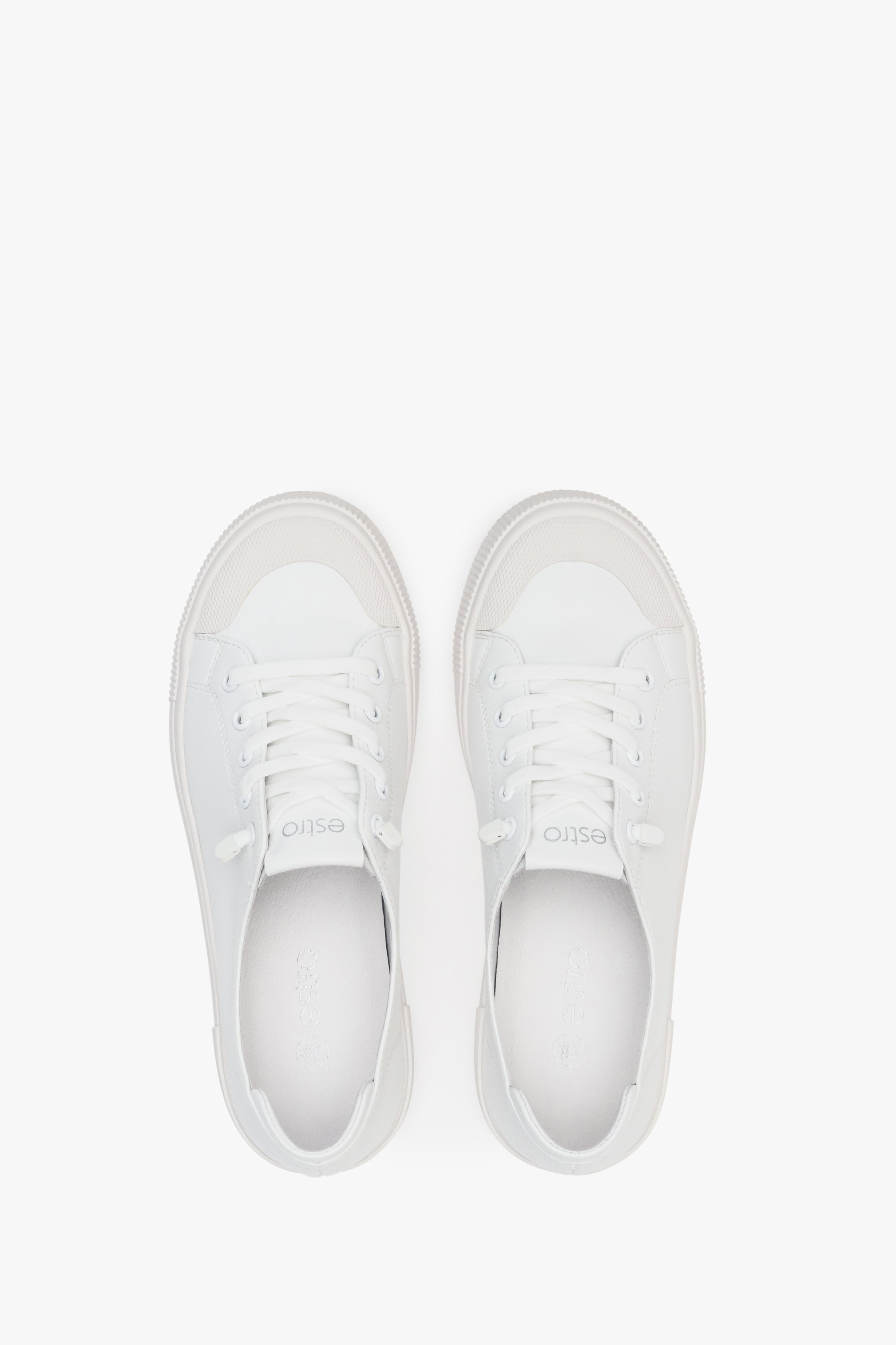 Women's fall white sneakers made of genuine leather by Estro - top view shoe presentation.