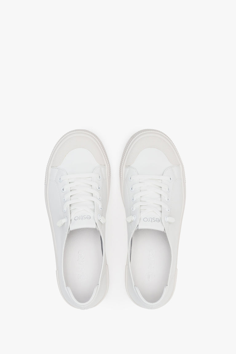 Women's fall white sneakers made of genuine leather by Estro - top view shoe presentation.