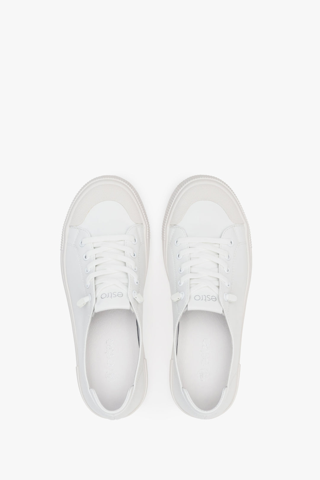 Women's fall white sneakers made of genuine leather by Estro - top view shoe presentation.