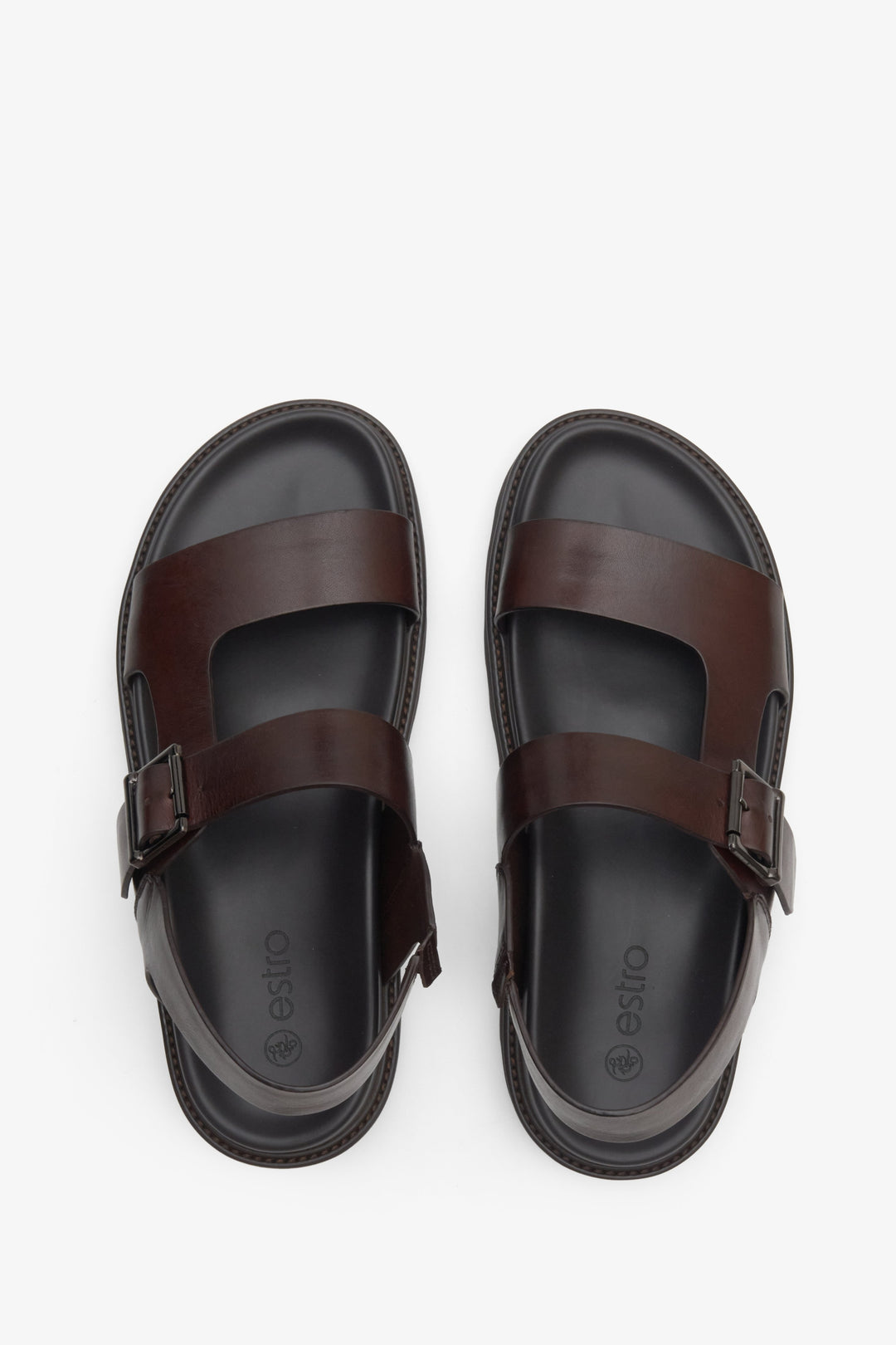 Men's genuine leather sandals made in saddle brown, Estro brand - presentation form above.