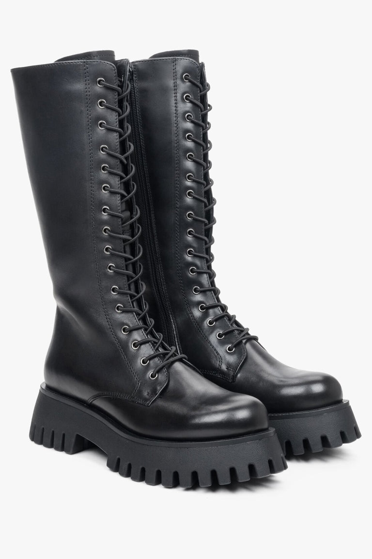 Women's Black Platform Boots made of Genuine Leather with Lacing.