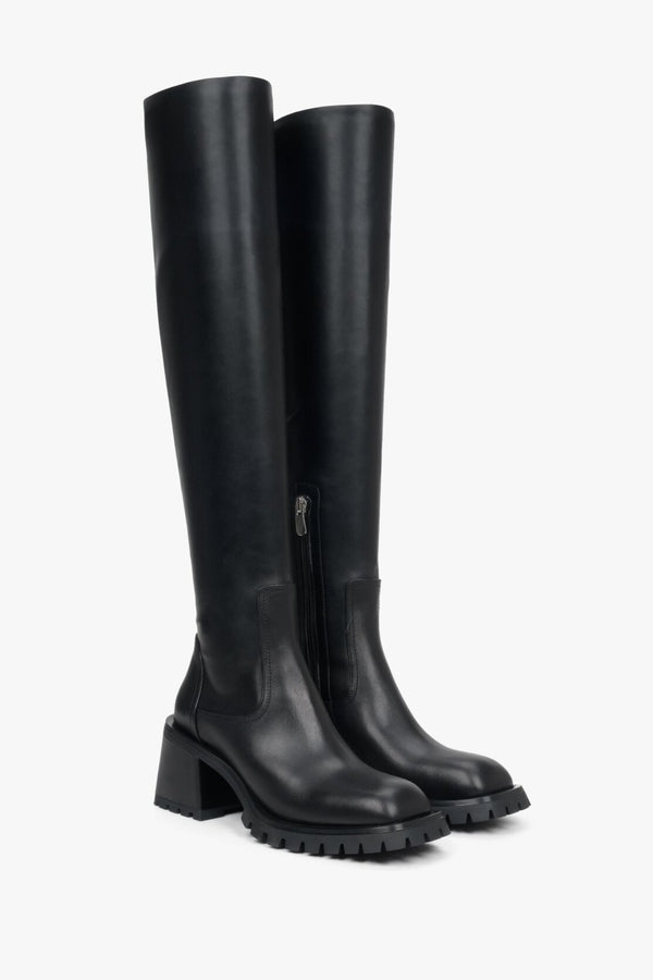 High, women's fall-spring boots made of genuine leather by Estro - black color.