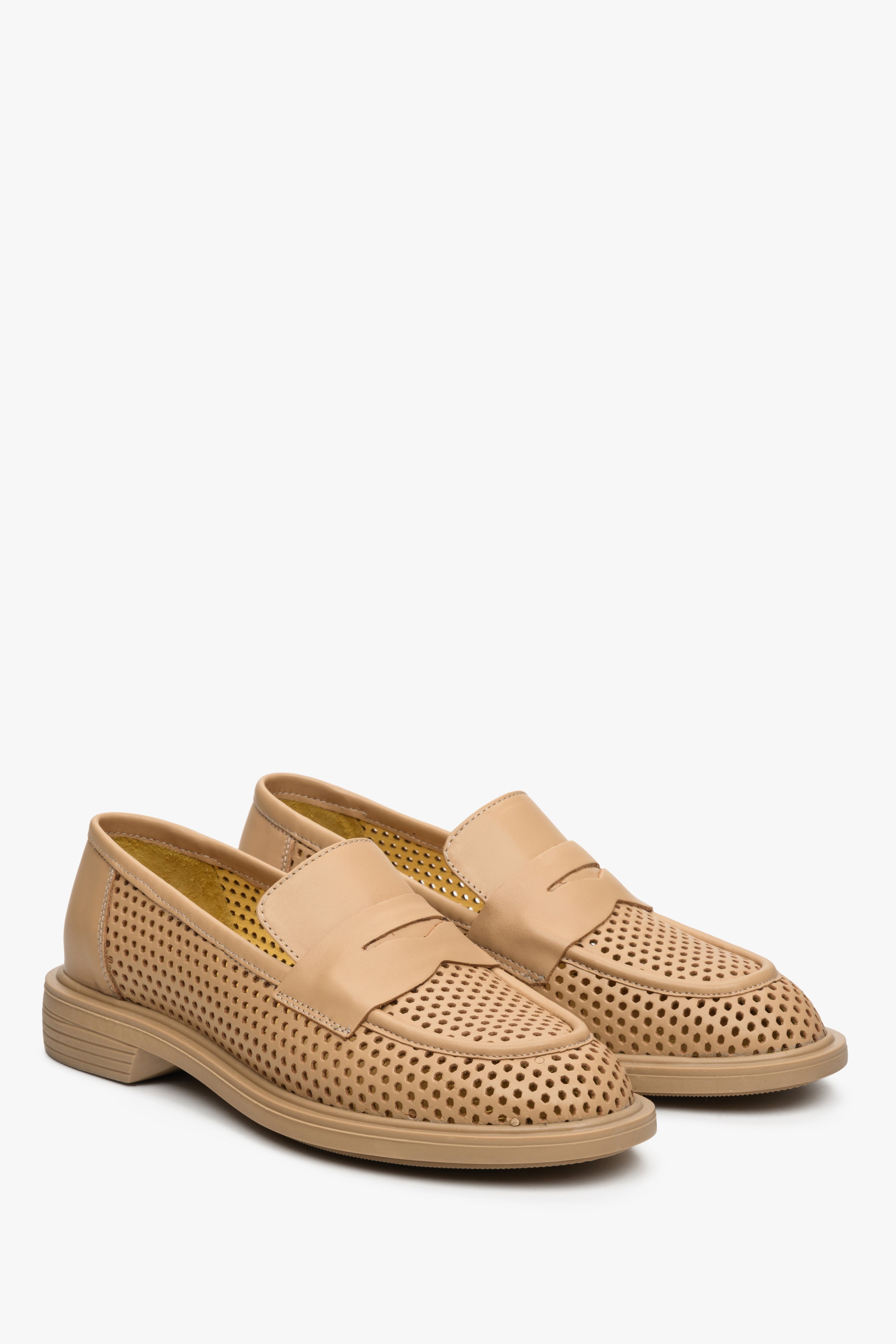 Women's Brown Leather Perforated Loafers for Summer Estro ER00112828