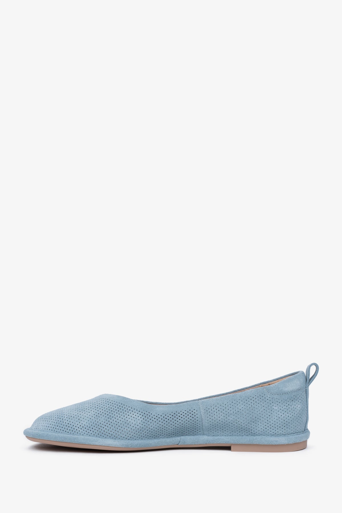 Blue women's ballet flats by Estro, made of genuine perforated velour – side profile of the shoe.