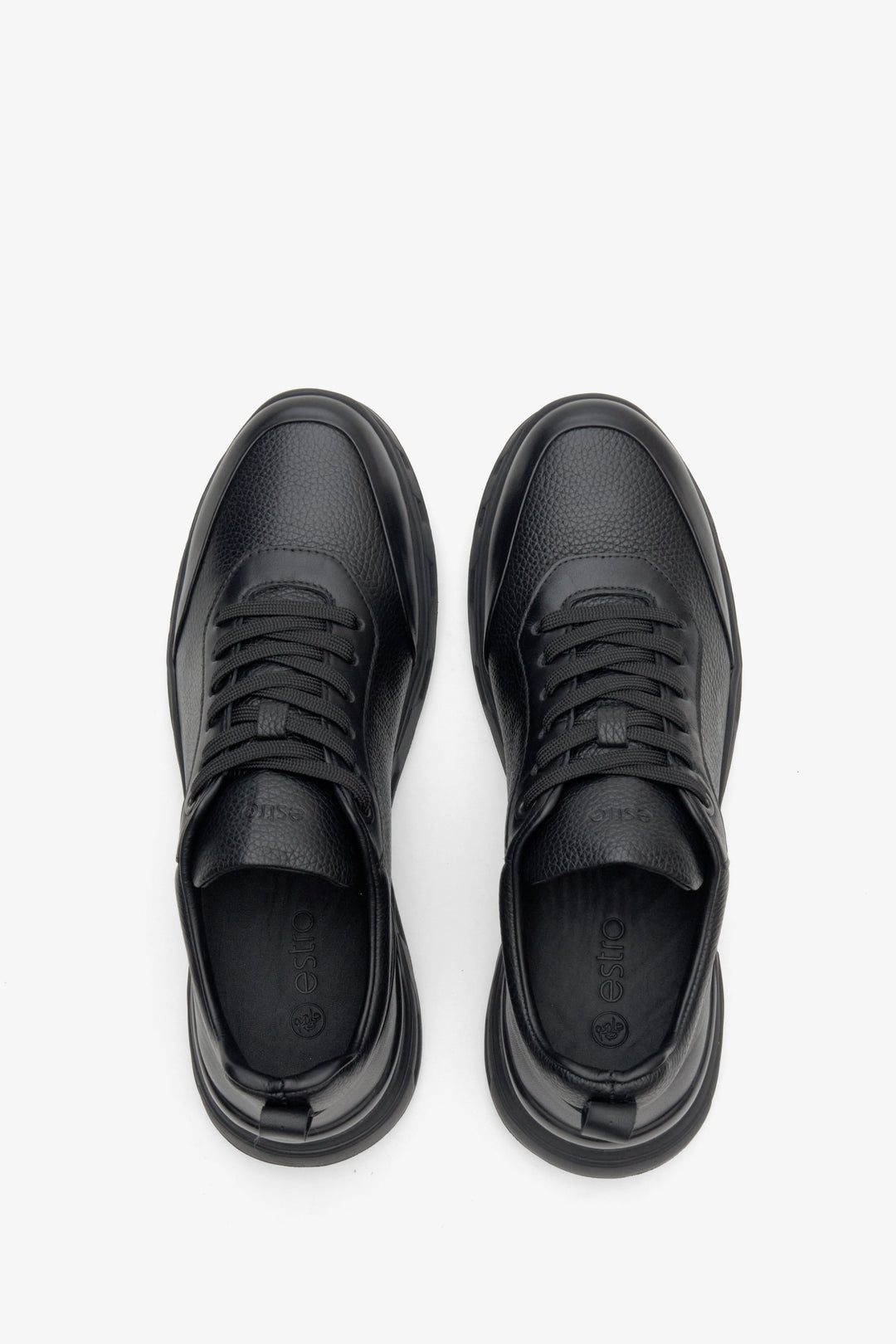 Men's black leather sneakers by Estro - top view presentation of the model.