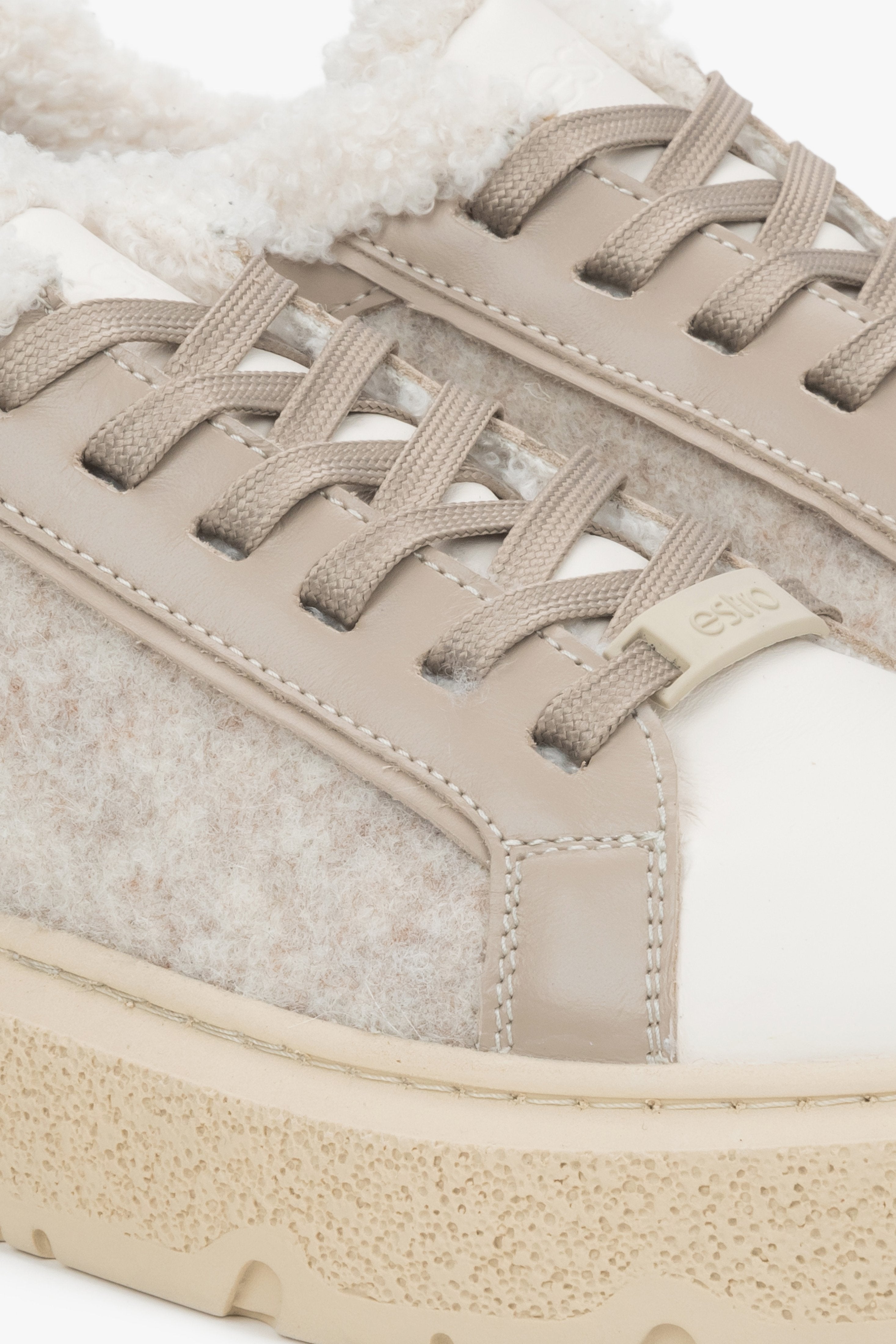 Women's beige velour sneakers with insulation by Estro - close-up of the details.