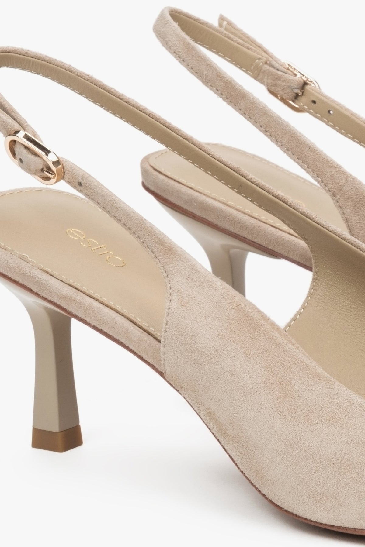 Beige velour slingback pumps with a low heel by estro – close-up on details.