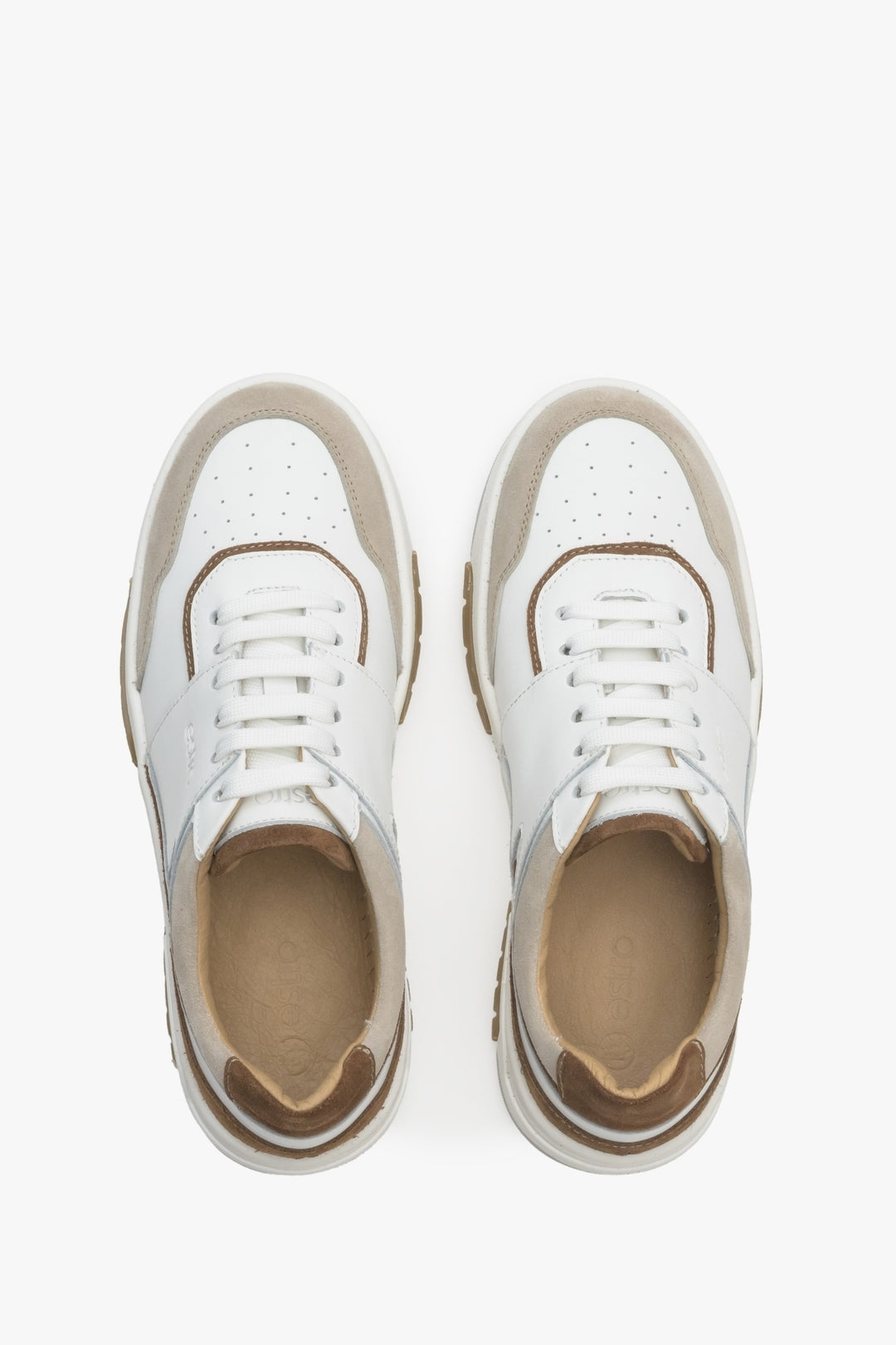 Women's sneakers made of genuine leather and suede in beige, brown, and white.
