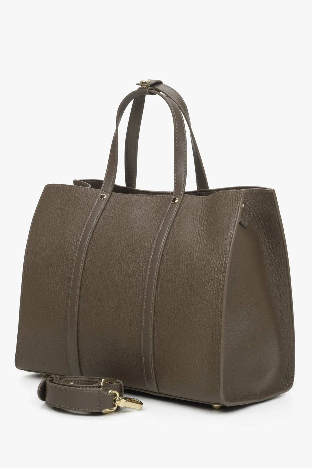 Spacious brown leather shopper bag for women with additional adjustable strap.