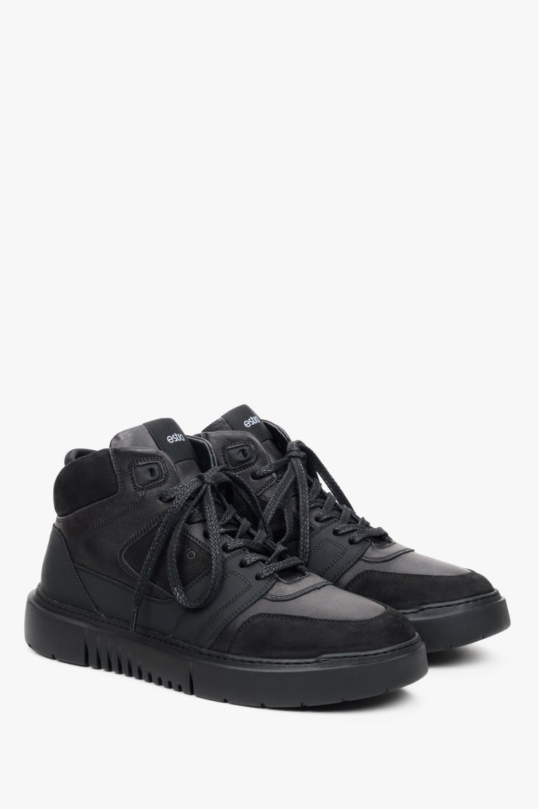 High-top men's black sneakers by Estro, made from genuine black leather - front and side profile of the shoe.