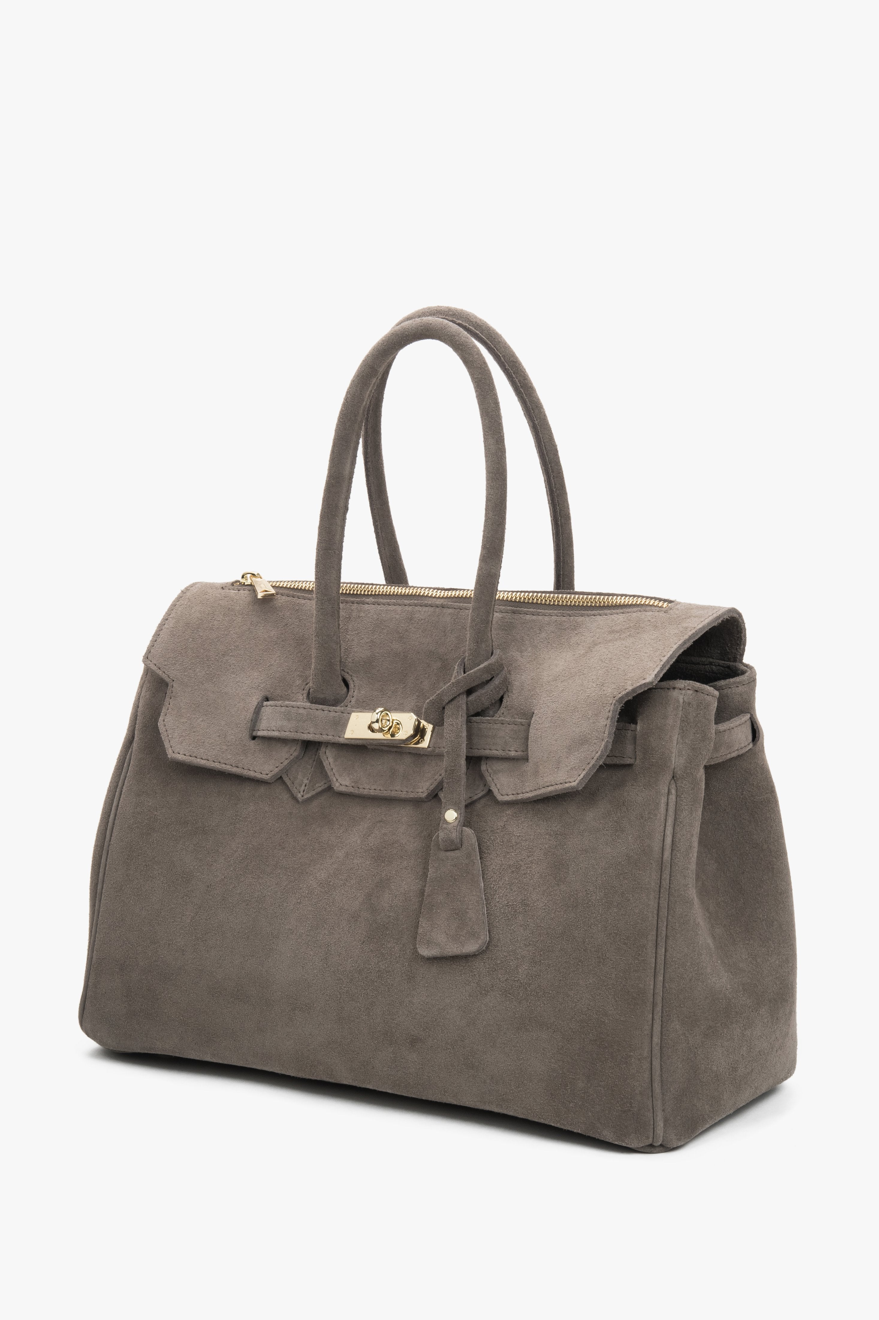 A large taupe bag for women by Estro, crafted from premium Italian genuine velour.