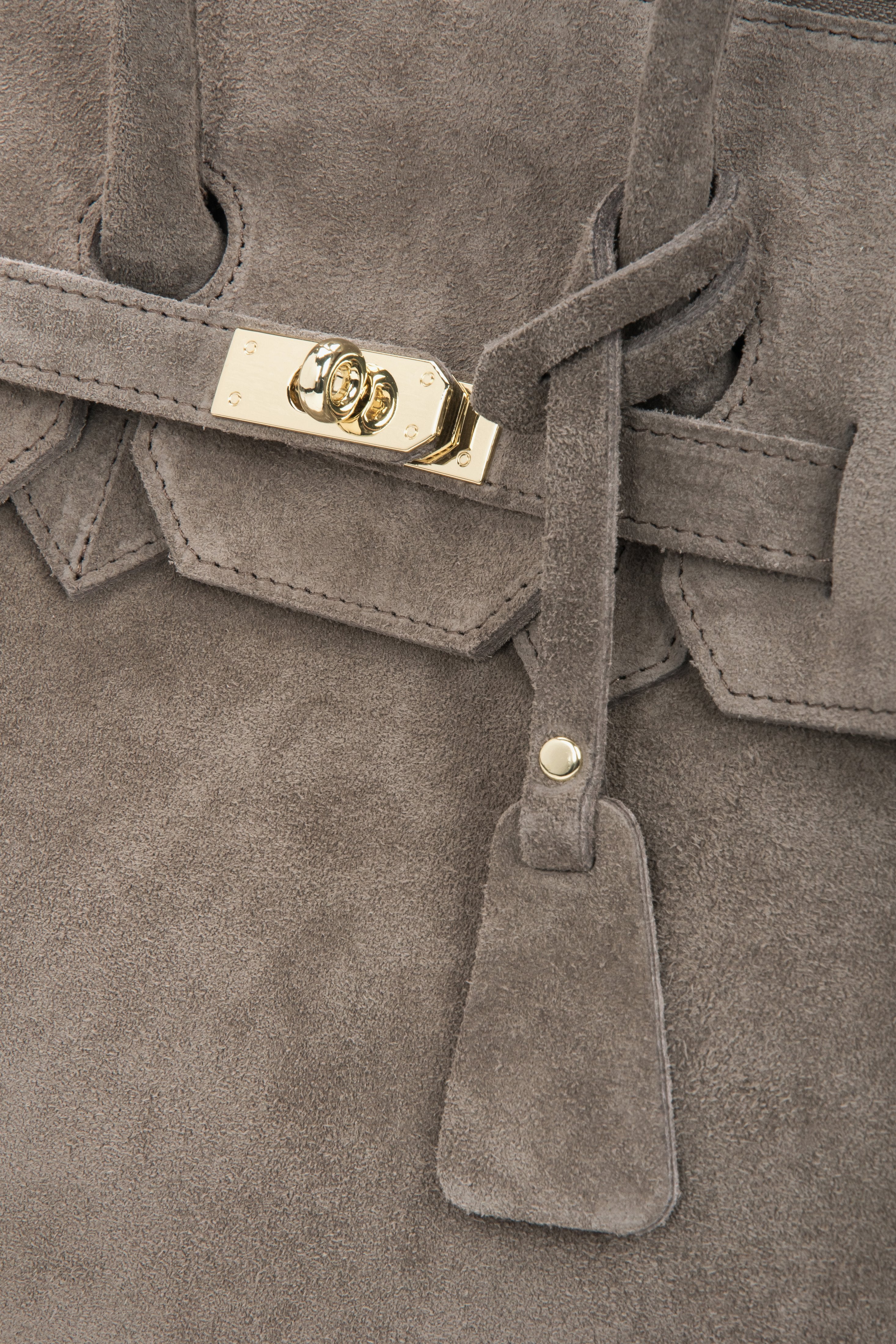 A women's large bag in a taupe color, showing its soft, genuine Italian premium velour texture.