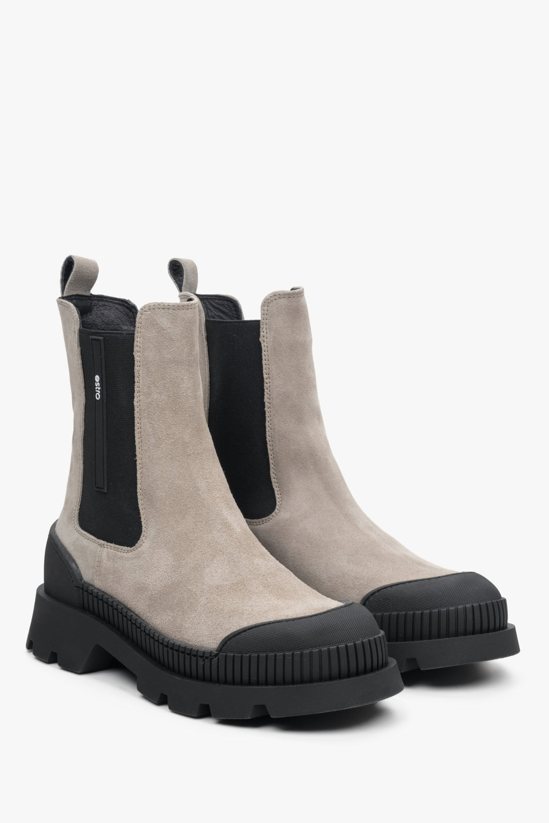 Grey and black velour and leather Estro women's Chelsea boots.