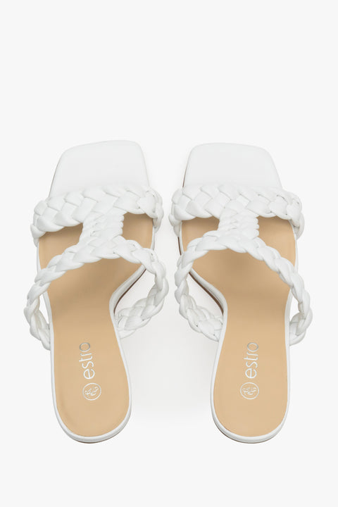 White heeled mules with embroided straps made of genuine leather, Estro brand.