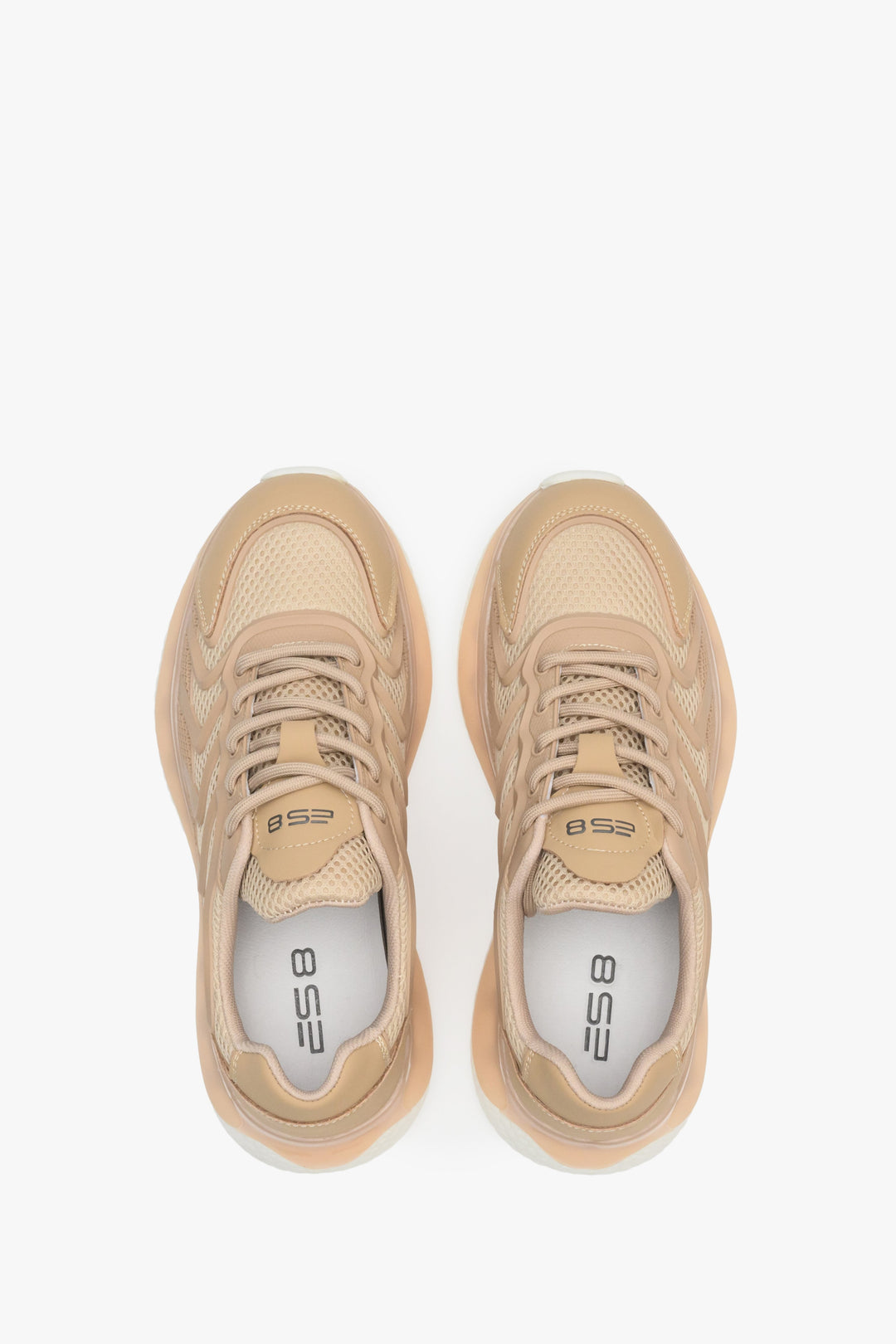 Women's beige sneakers with mesh, versatile for all seasons - presentation of the footwear from above.