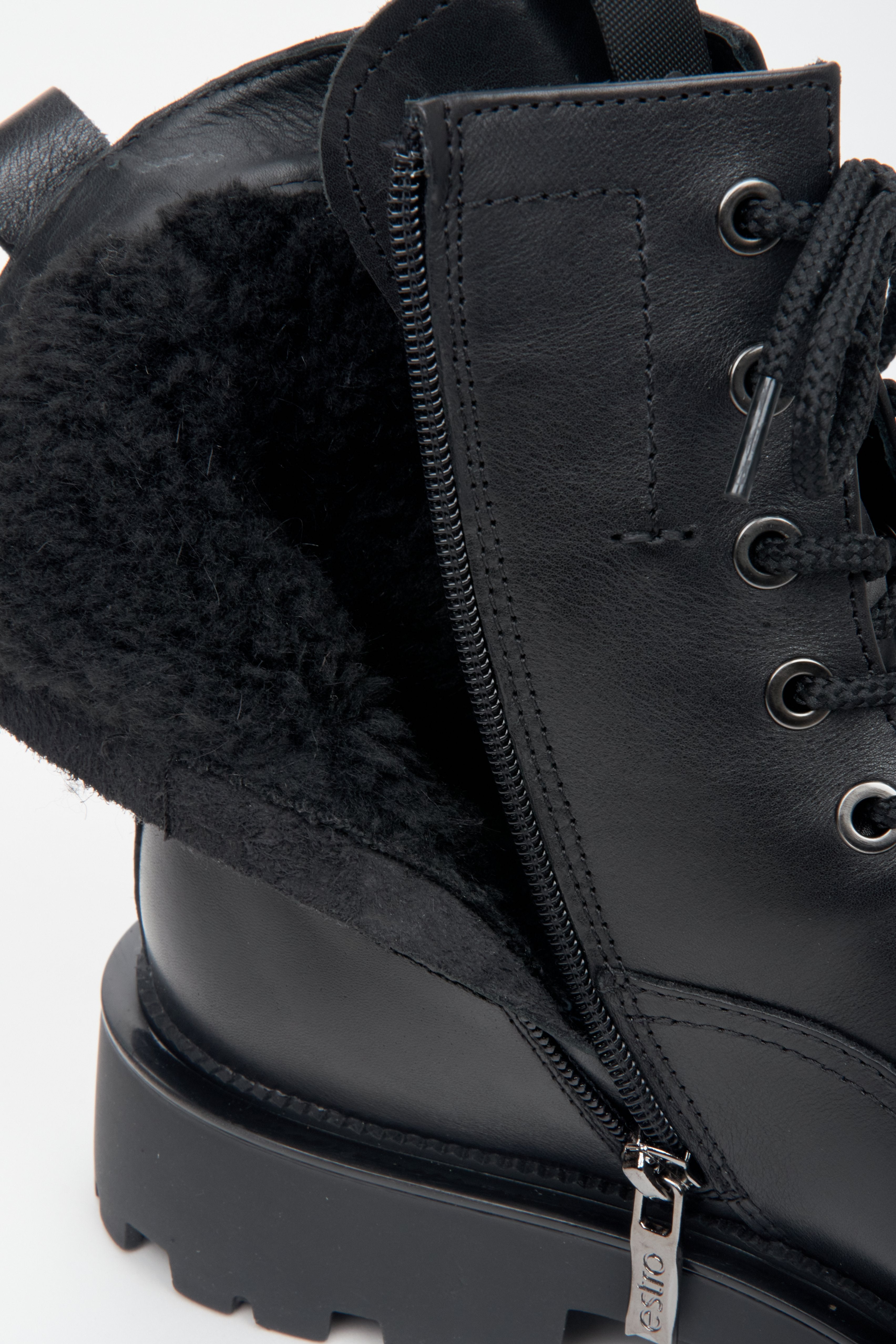 Winter women's boots made of genuine leather by Estro - close-up of the boot's insulation.