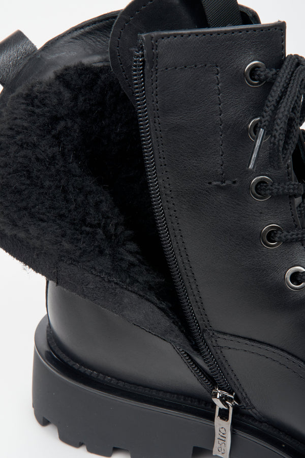 Winter women's boots made of genuine leather by Estro - close-up of the boot's insulation.