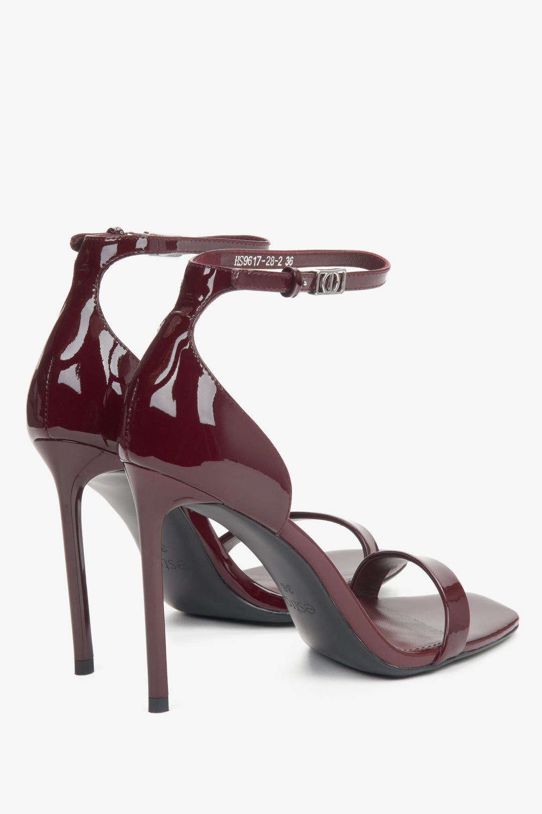 Elegant burgundy women's sandals made of patent natural leather with a high heel by Estro.