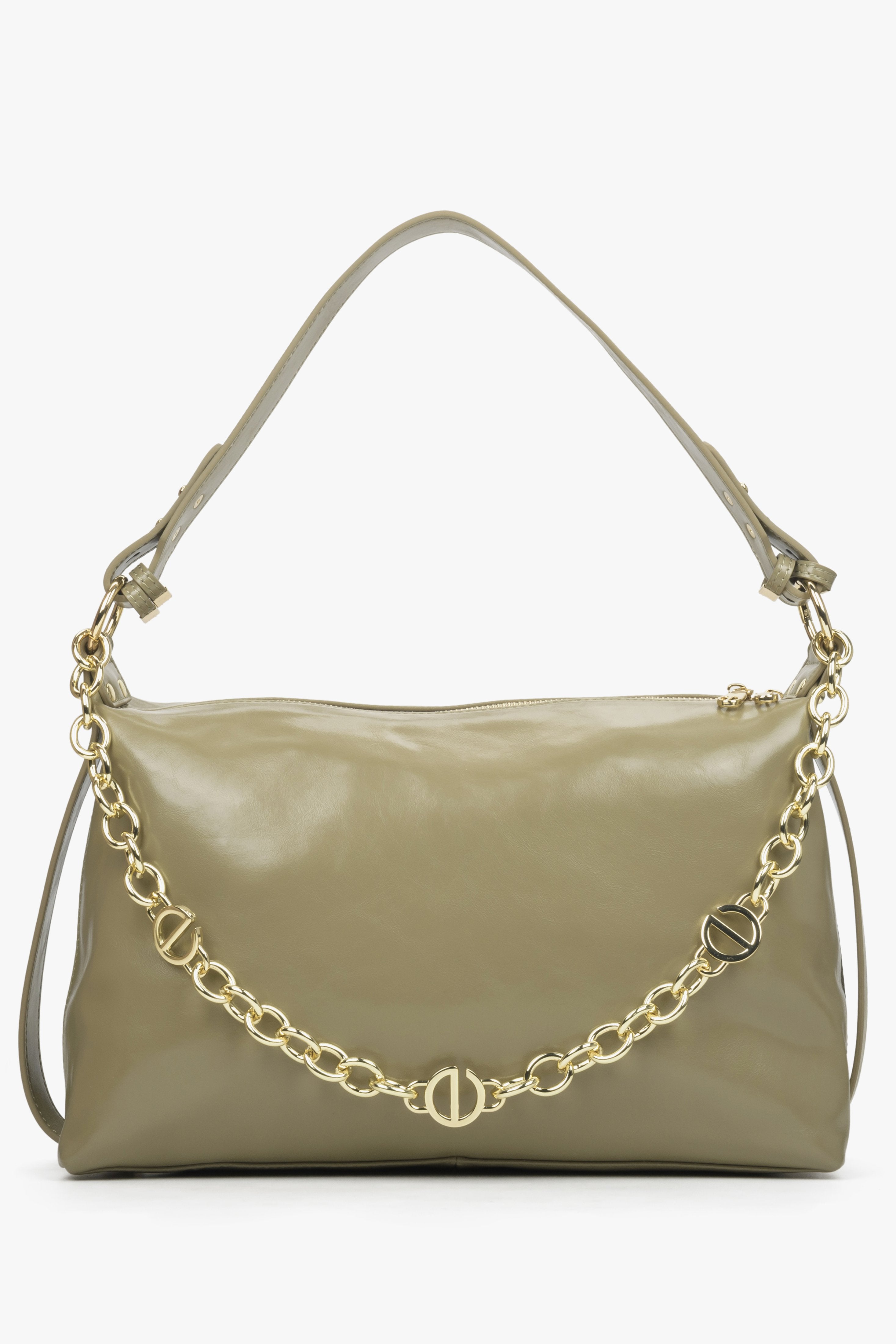 Women's olive chain handbag made of leather by Estro.