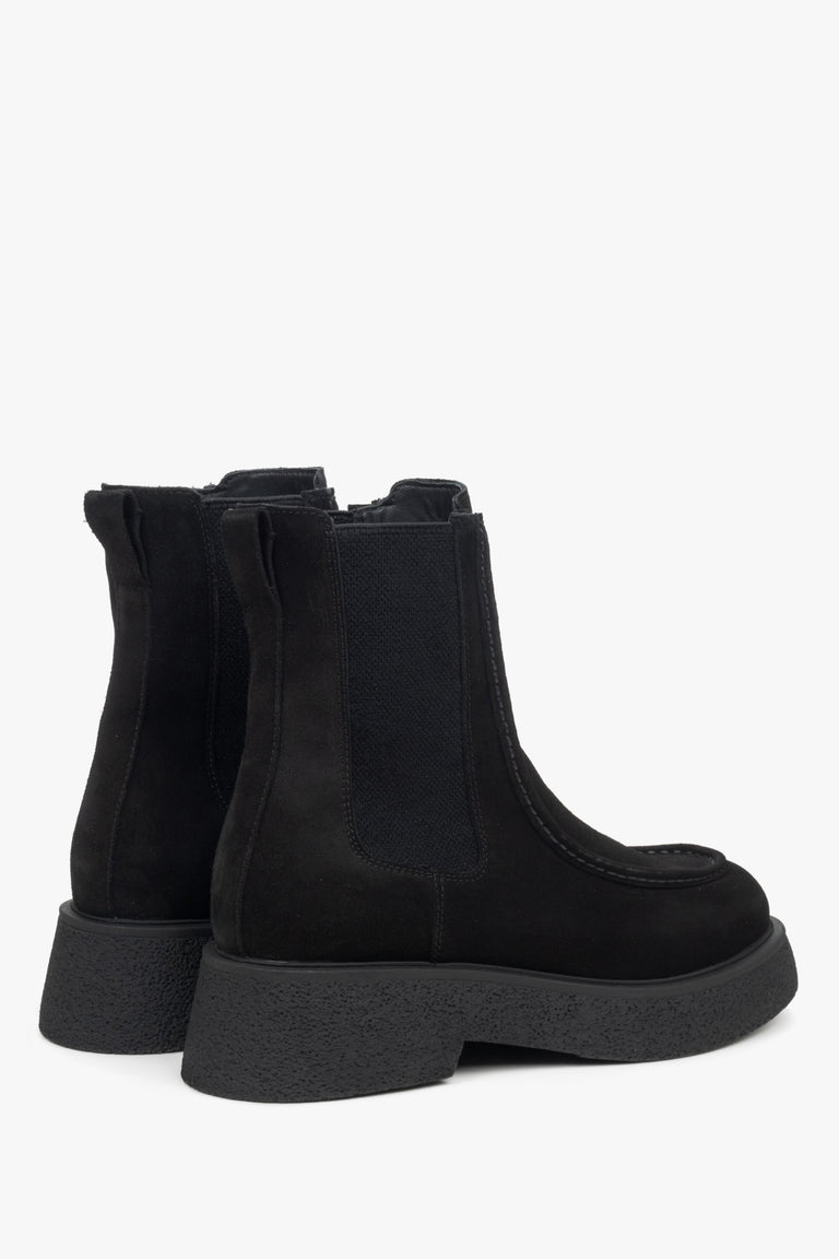 Black velour women's chelsea boots by Estro - rear view of the model.